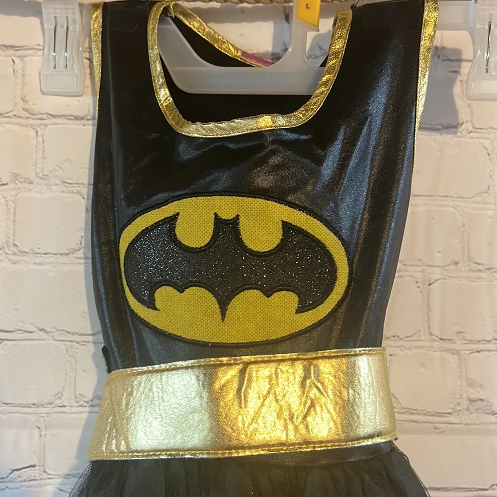 Bat Girl black and gold Halloween costume. Comes with mask, arm pieces and belt.